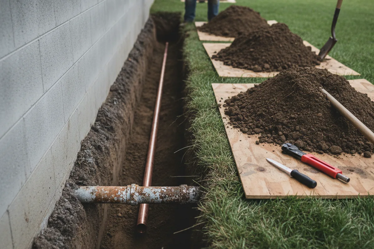 Excavated water line trench during Water Softener Installation in Roaring River